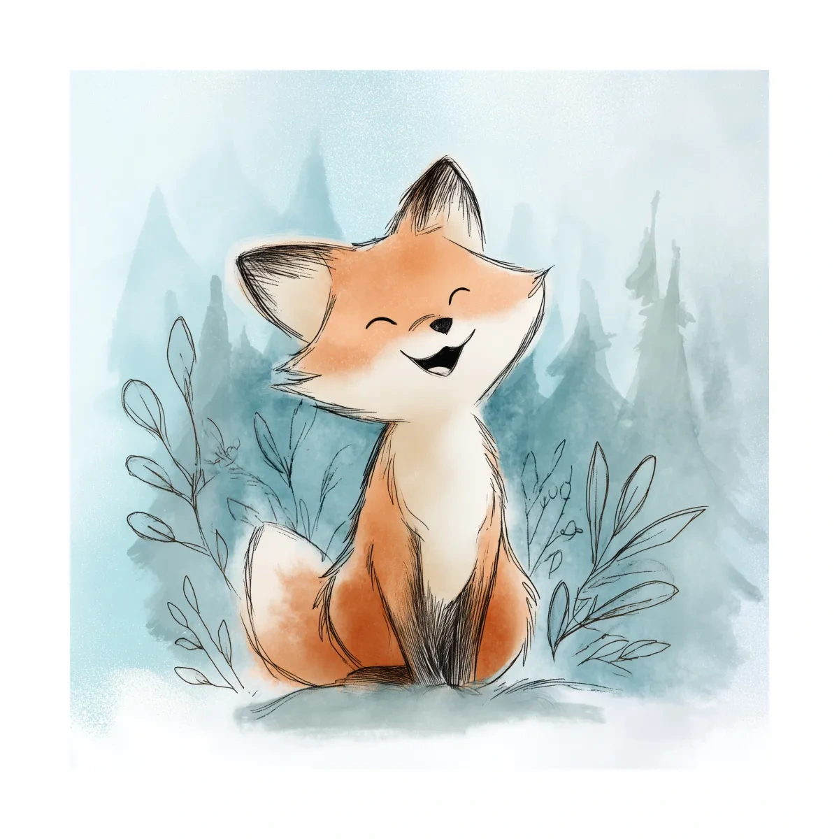 Whimsical Watercolor Fox Cub Illustration - Cute Woodland Nursery Wall Art