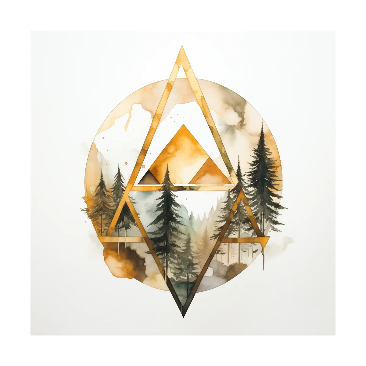 Rustic Elegant Watercolor Mountain Pine Forest - Abstract Golden Geometric Nature Wall Art