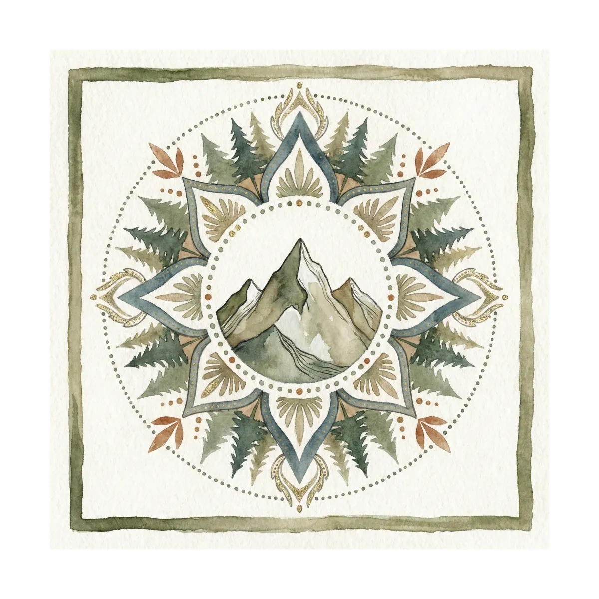 Mountain Mandala Watercolor - Boho Botanical Nature Wall Art