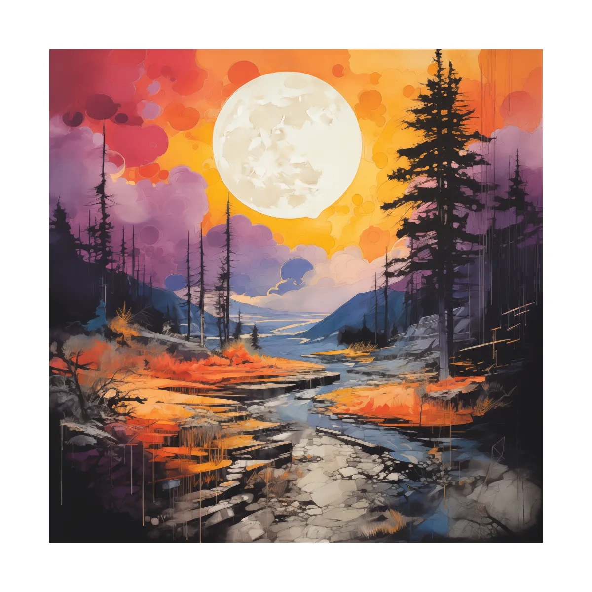 Vibrant River Valley Landscape Illustration - Abstract Sunset Forest Wall Art