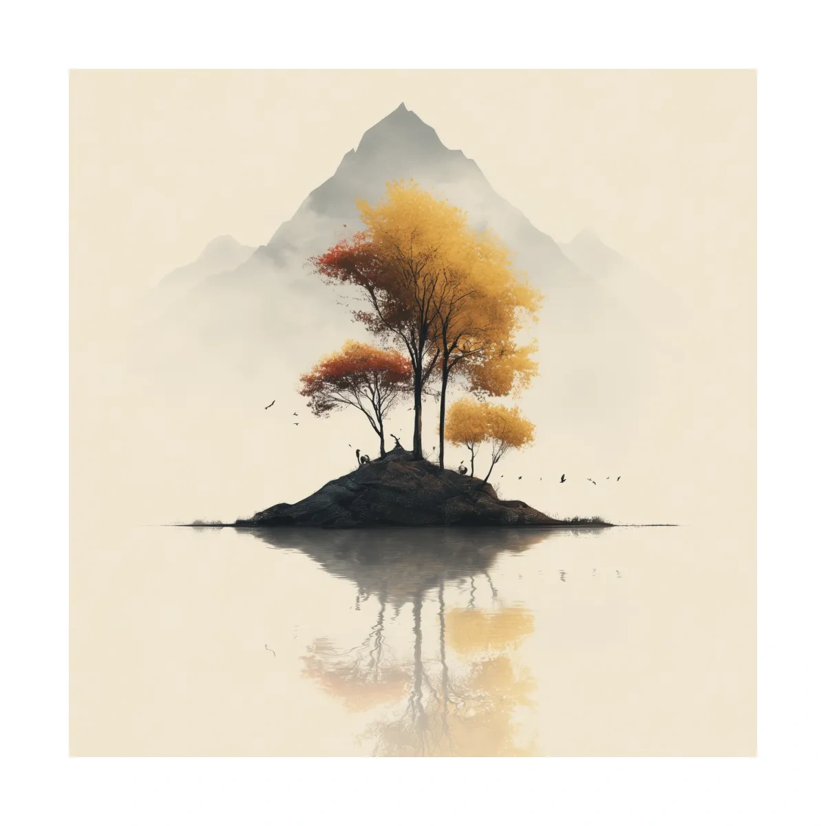Minimalist Autumn Trees On Misty Lake Island - Serene Mountain Landscape Wall Art