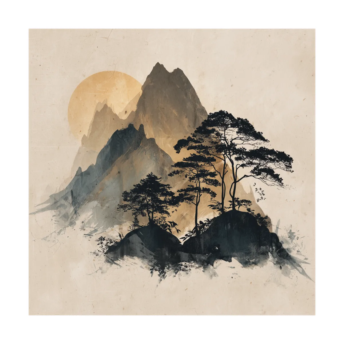 Zen Ink Wash Mountain Sunrise - Minimalist Japanese Pine Landscape Wall Art