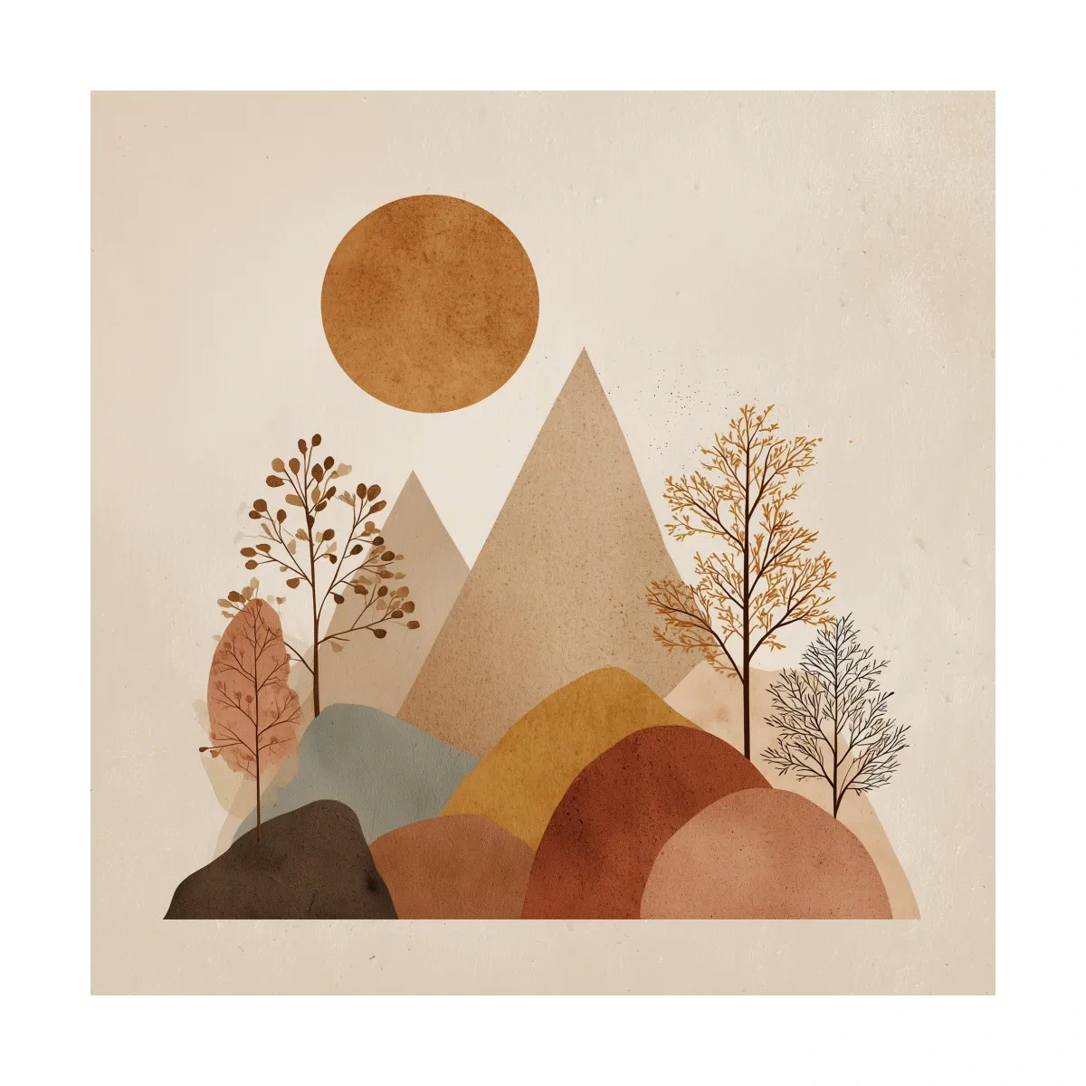 Minimalist Scandi Mountain Sunset Landscape - Boho Neutral Earth Tone Wall Art