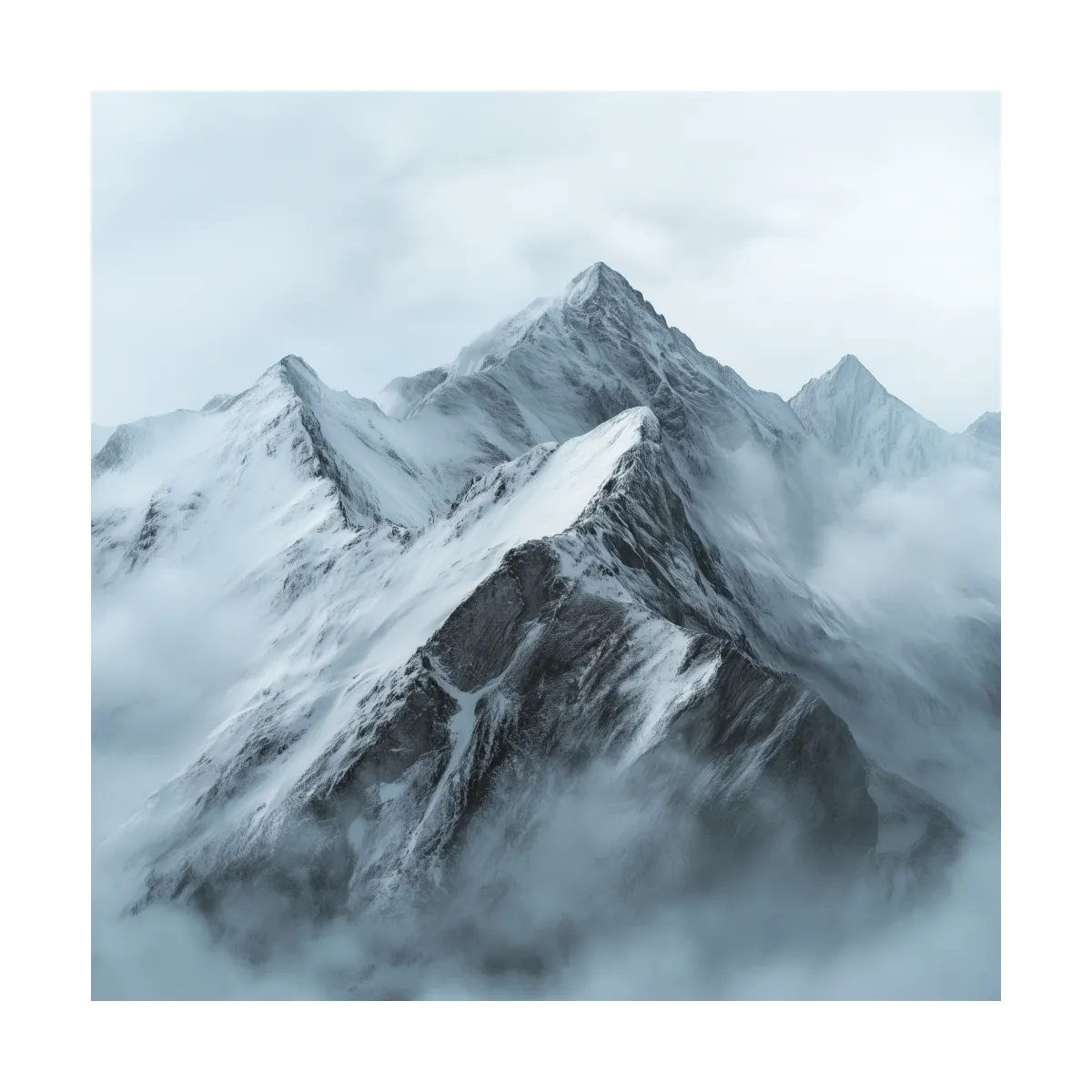 Misty Snowcapped Alpine Peak Landscape - Monochrome Photographic Mountain Wall Art