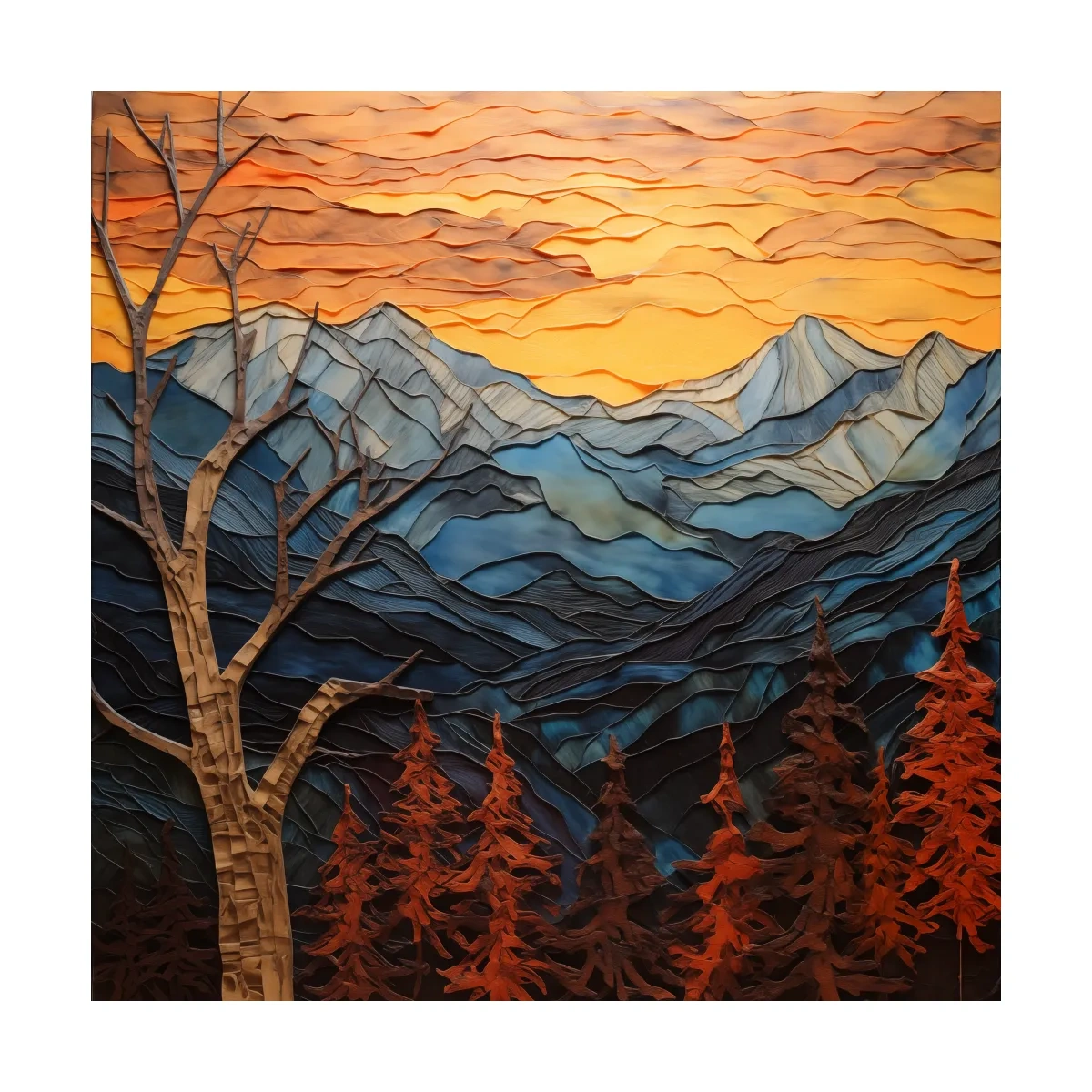Layered Paper Cut Alpine Mountain Sunset - Mixed Media 3D Landscape Wall Art