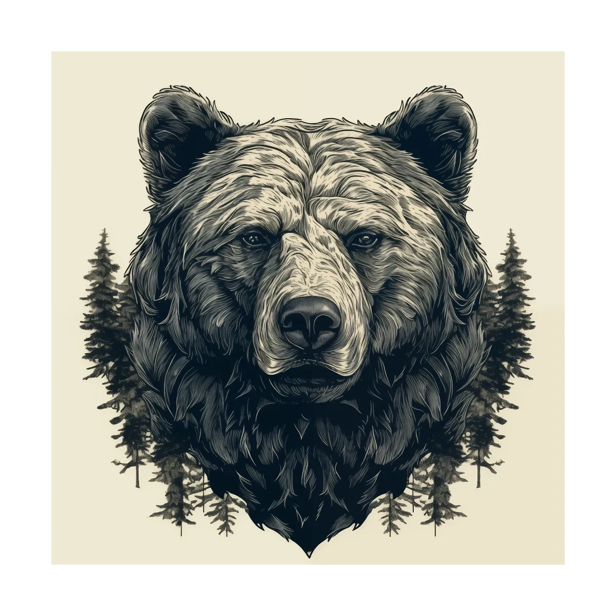 Grizzly Bear Portrait Illustration Artwork - Vintage Wilderness Forest Wall Art