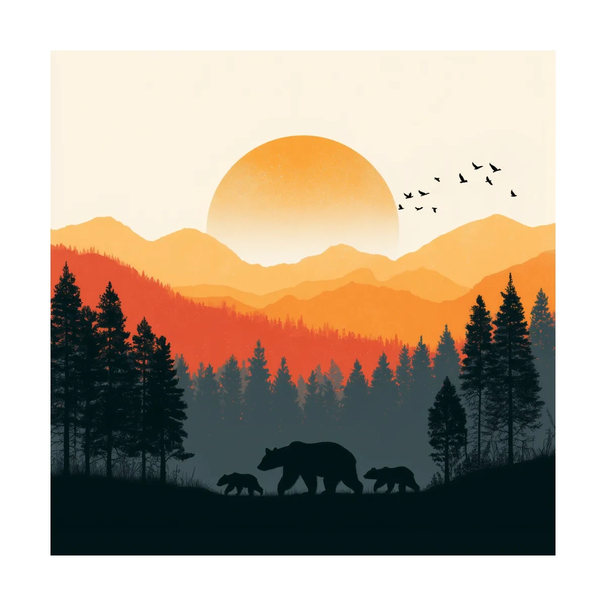 Sunset Mama Bear & Cubs Silhouette - Wildlife Forest Landscape Wall Art