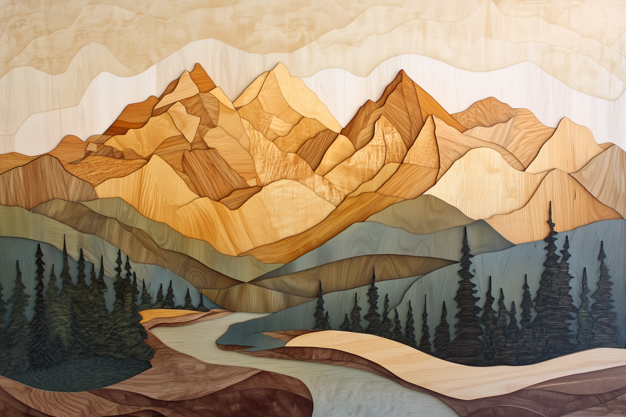 Wood Intarsia Mountain Landscape - Warm Earth Tone Alpine Forest