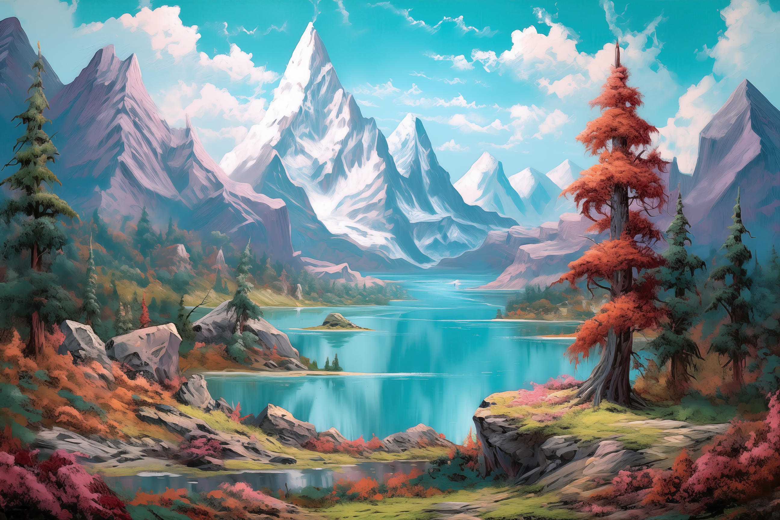 絵画 Mountain Landscape Painting of a surreal alpine mountain landscape - Gallery wrapped