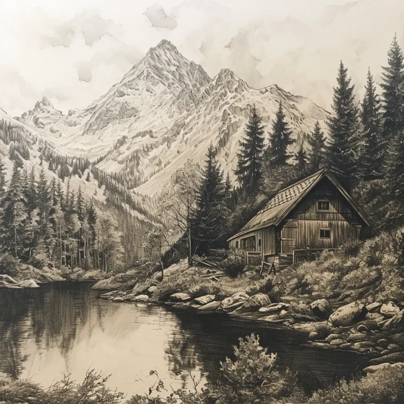 Vintage Sepia Mountain Cabin Lake Scene - Rustic Alpine Forest