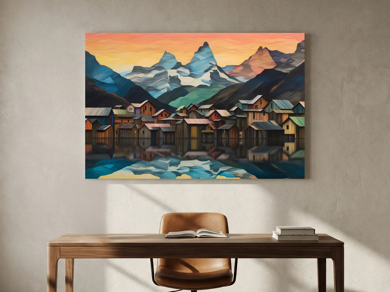 Alpine Mountain Village Reflections - Colorful Paper Cut Style Wall Art