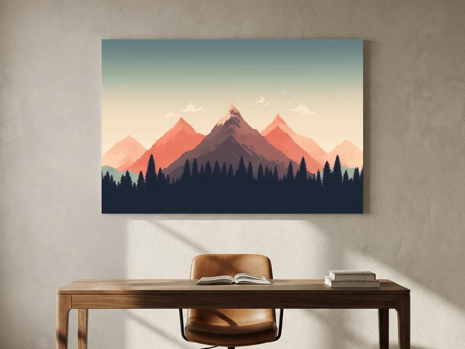 Minimalist Alpine Mountain Sunrise Artwork - Modern Scandinavian Forest Wall Art