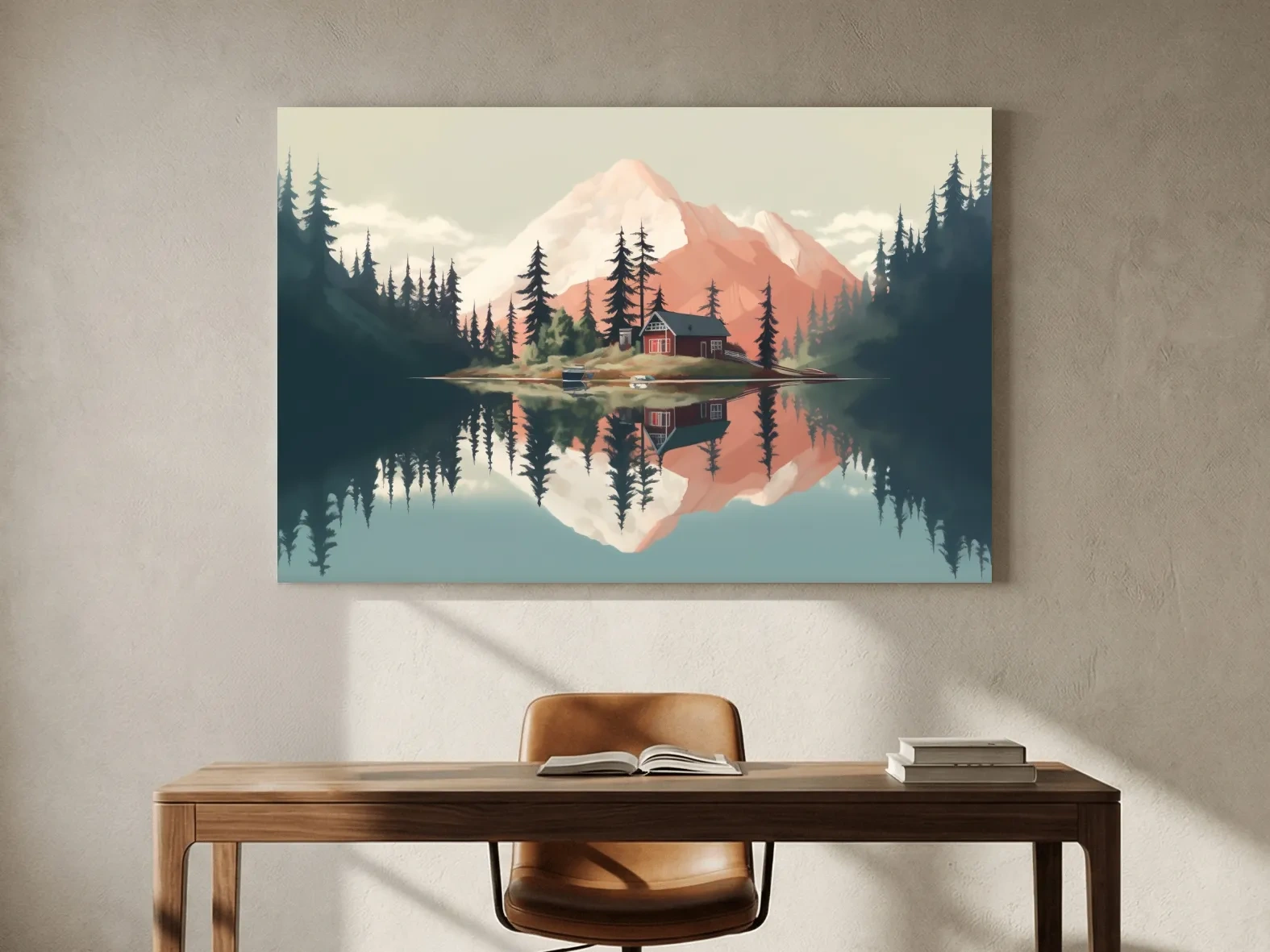 Serene Alpine Lake Cabin Artwork - Minimalist Mountain Landscape Wall Art