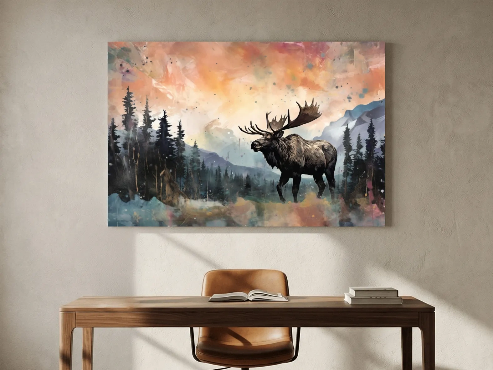 Watercolor Moose In Misty Mountain Forest - Rustic Wildlife Wall Art