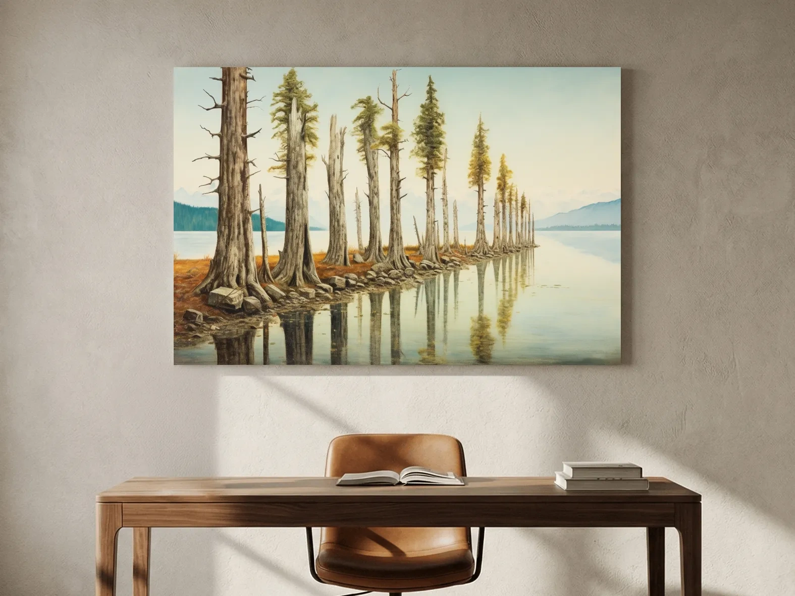 Serene Lakeside Pine Forest Reflections - Watercolor Landscape Wall Art