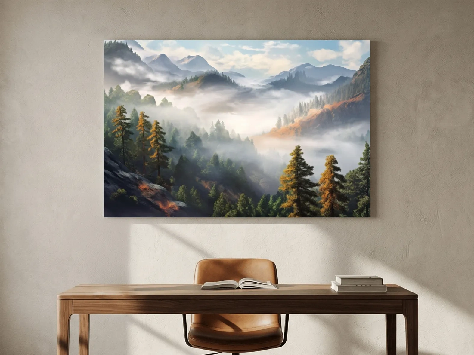 Misty Mountain Valley Forest Landscape - Serene Foggy Nature Painting Wall Art