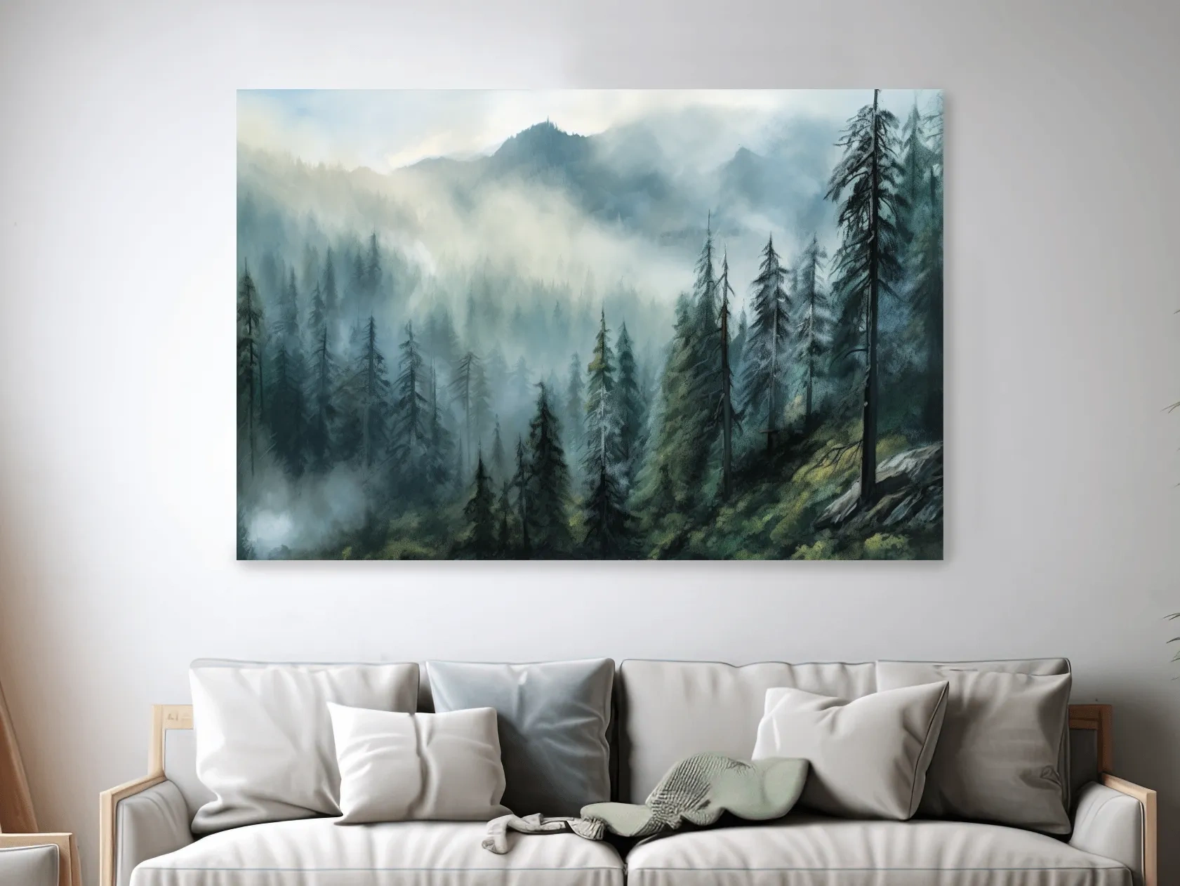 Misty Evergreen Forest Mountain Landscape - Moody Watercolor Nature Wall Art