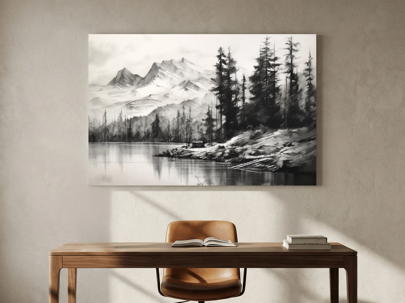 Monochrome Mountain Lake Charcoal Sketch - Pine Forest Landscape Wall Art