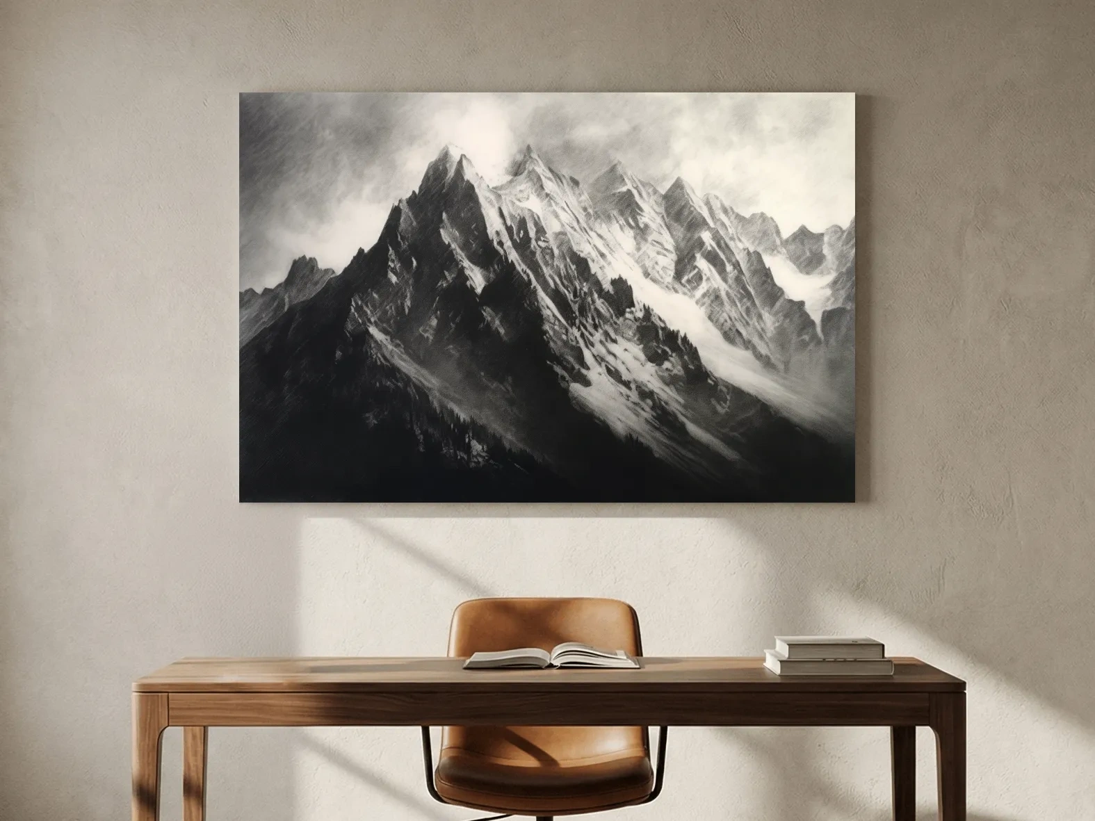 Moody Monochrome Snowy Mountain Peaks - Dramatic Charcoal Landscape Artwork