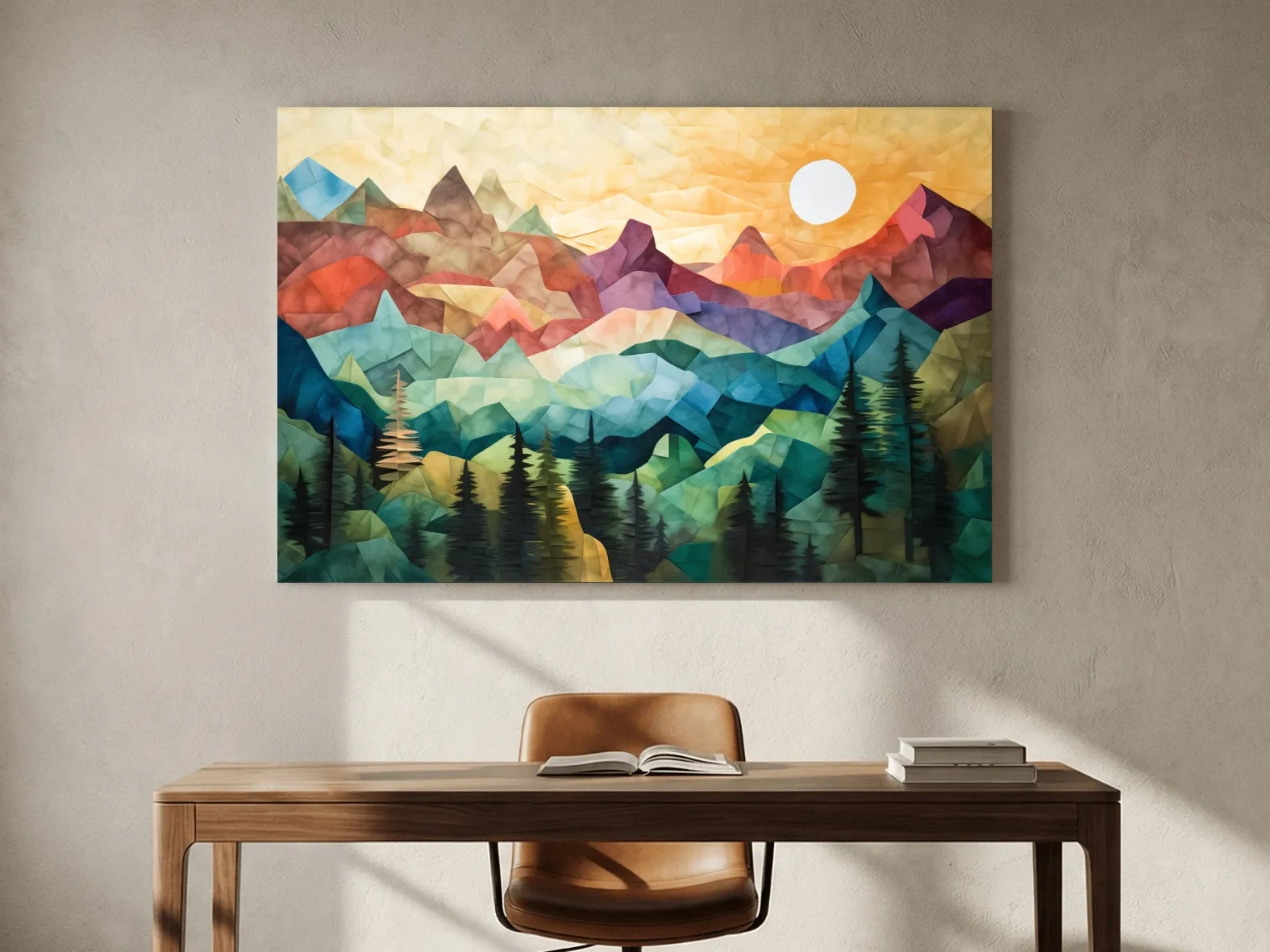 Abstract Sunset Mountain Canvas - Vibrant Patchwork Mosaic Art