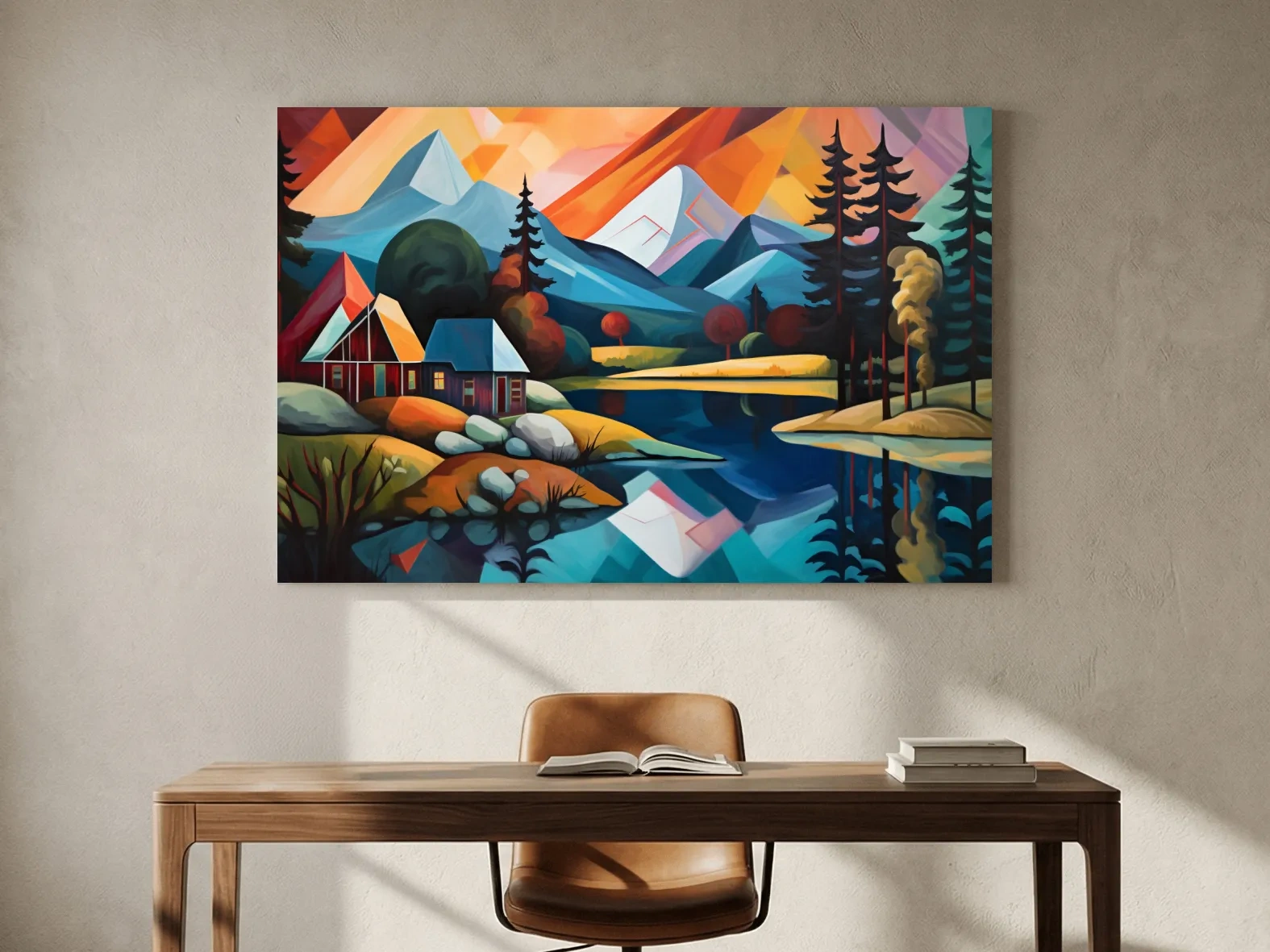 Vibrant Geometric Mountain Lake Cabin Oil Painting - Modern Abstract Wall Art