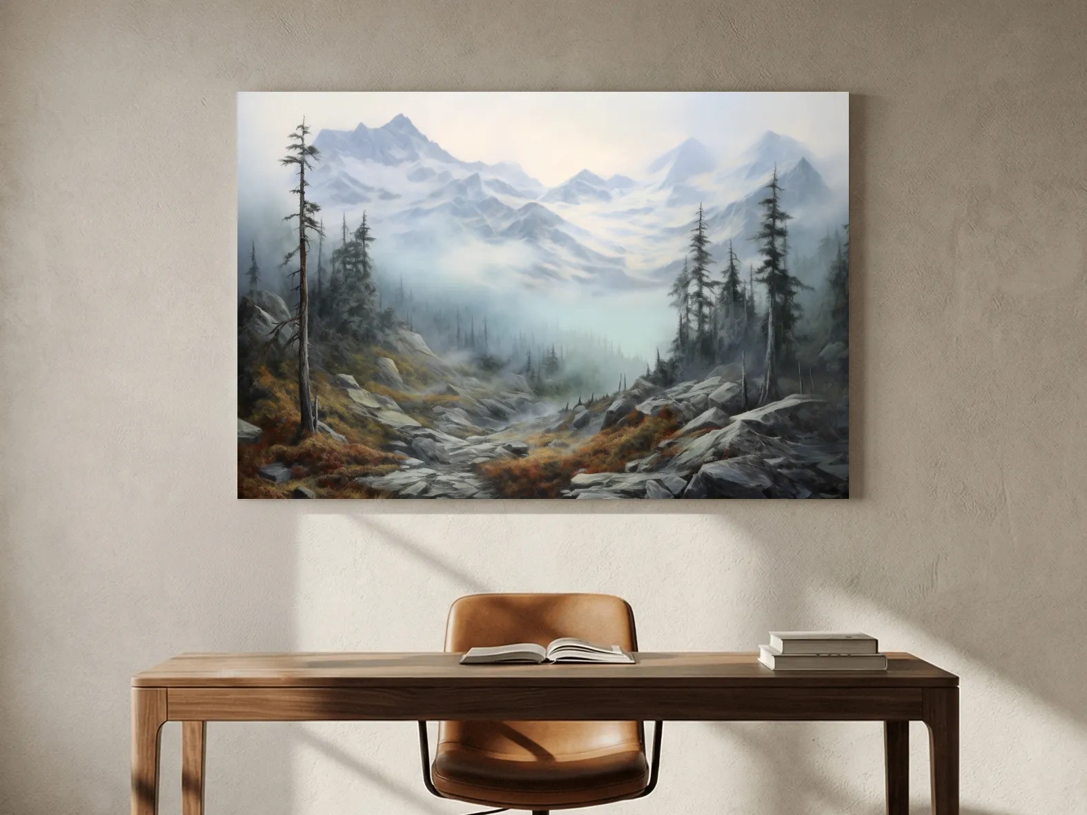 Misty Alpine Valley Painting - Moody Foggy Mountain Landscape Wall Art