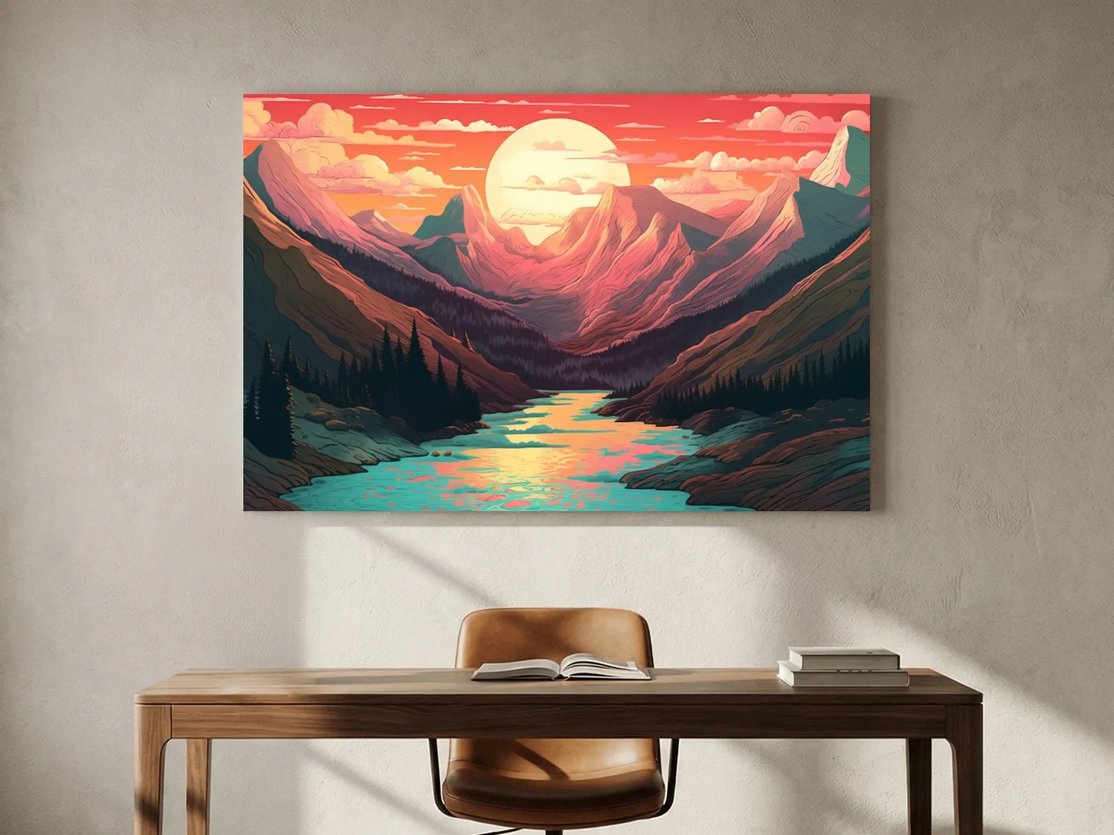 Vibrant Sunset Mountain Valley Illustration - Retro Landscape Wall Art