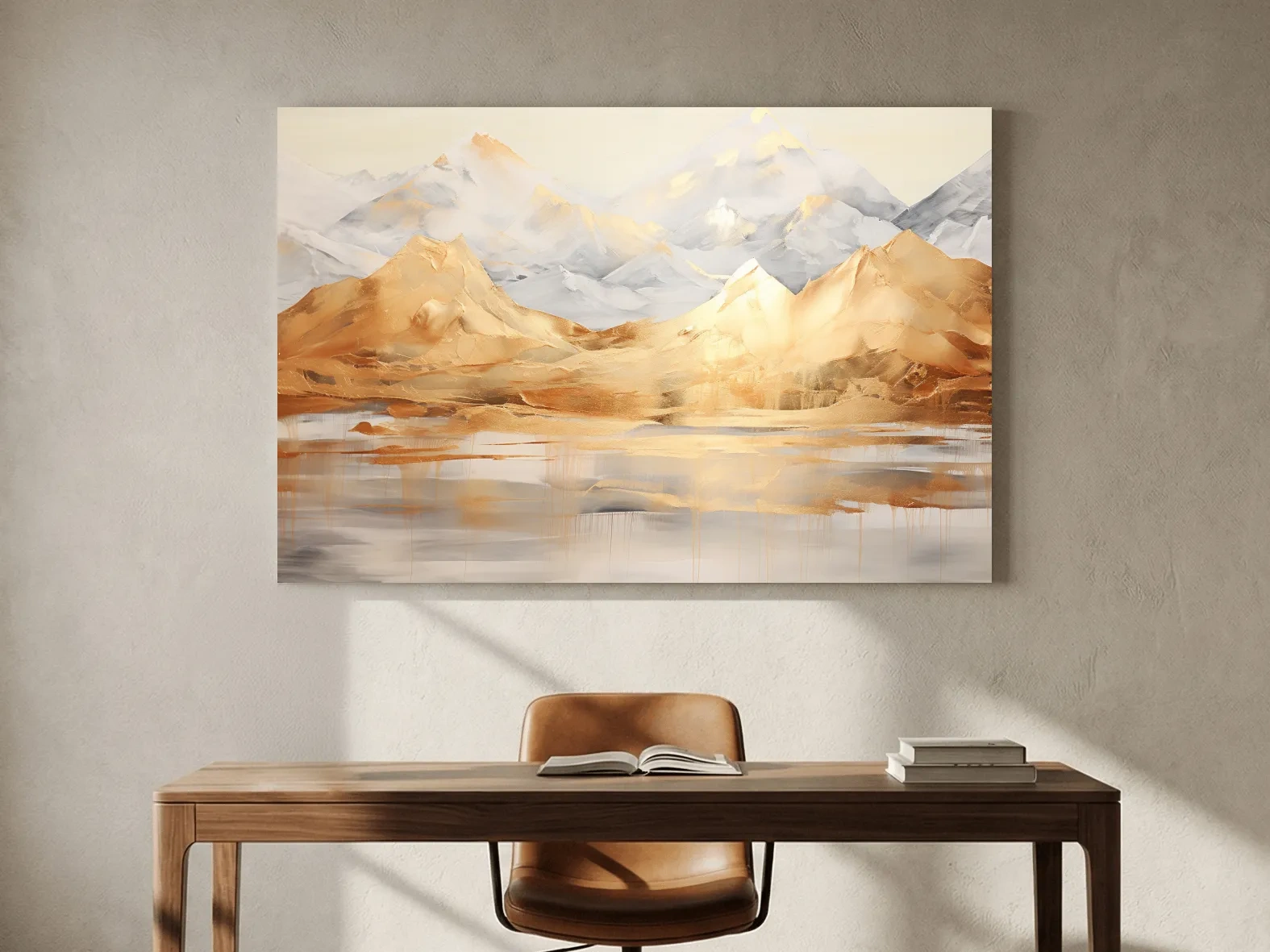 Luxe Golden Abstract Mountain Lake Painting - Elegant Landscape Wall Art