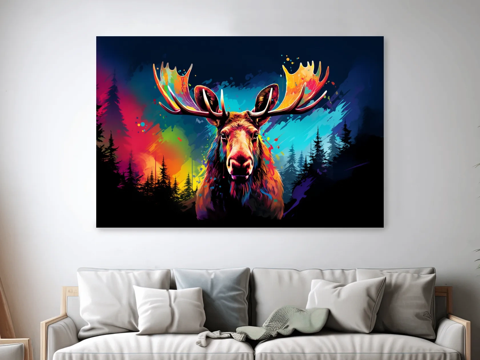Vibrant Abstract Retro Moose Portrait - Colorful Splash Paint Wildlife Wall Art