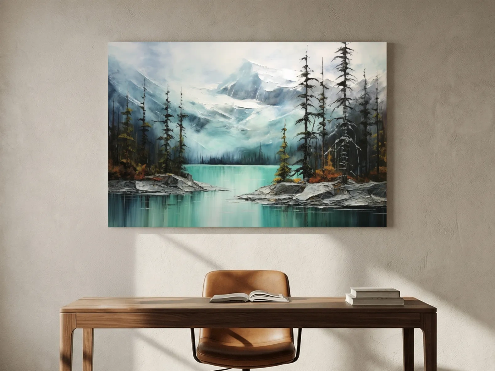Misty Turquoise Mountain Lake Painting - Serene Alpine Forest Landscape Wall Art