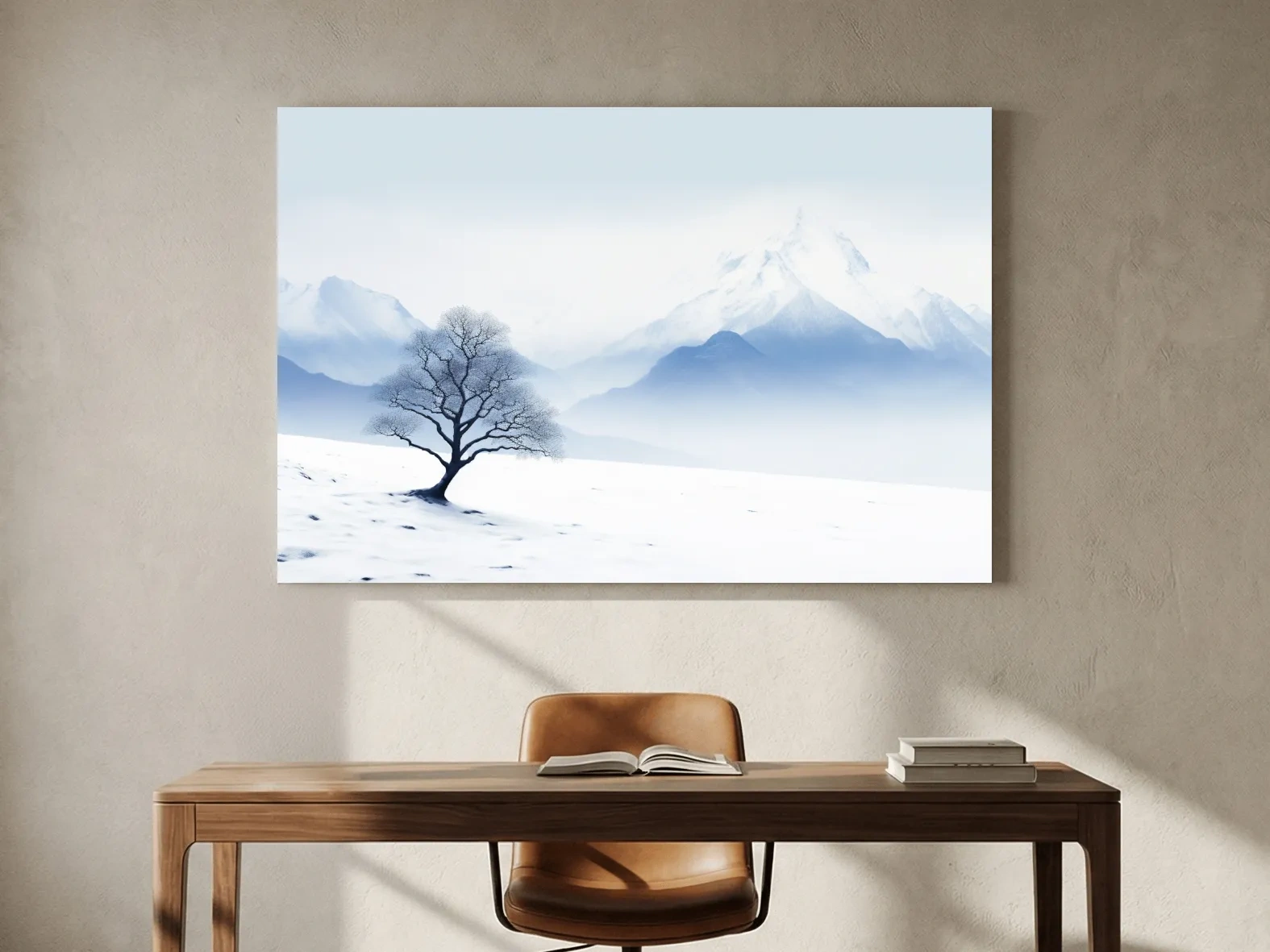Minimalist Snowy Mountain Landscape With Lone Tree - Serene Winter Painting Wall Art