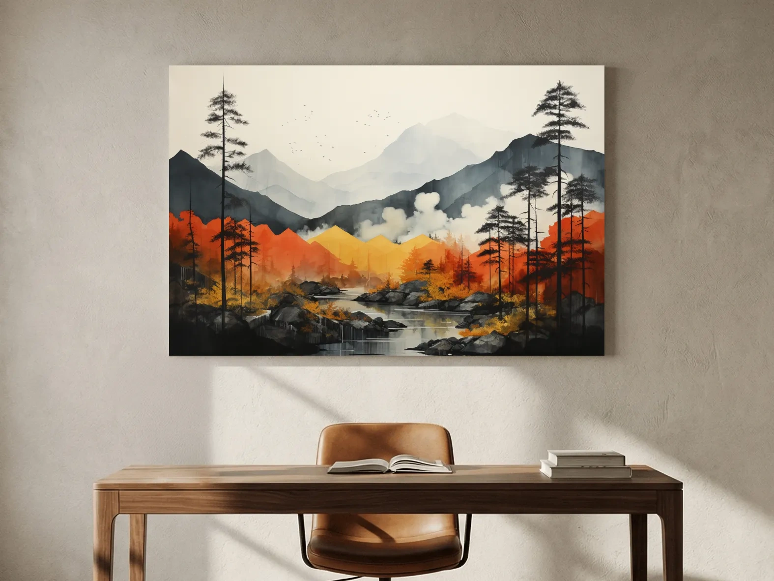 Surreal Mountain Lake Landscape - Autumn Forest Watercolor Wall Art