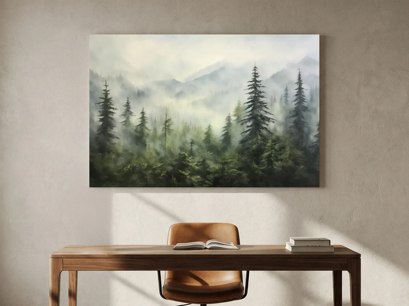 Misty Evergreen Forest Mountains Watercolor - Serene Foggy Landscape Artwork