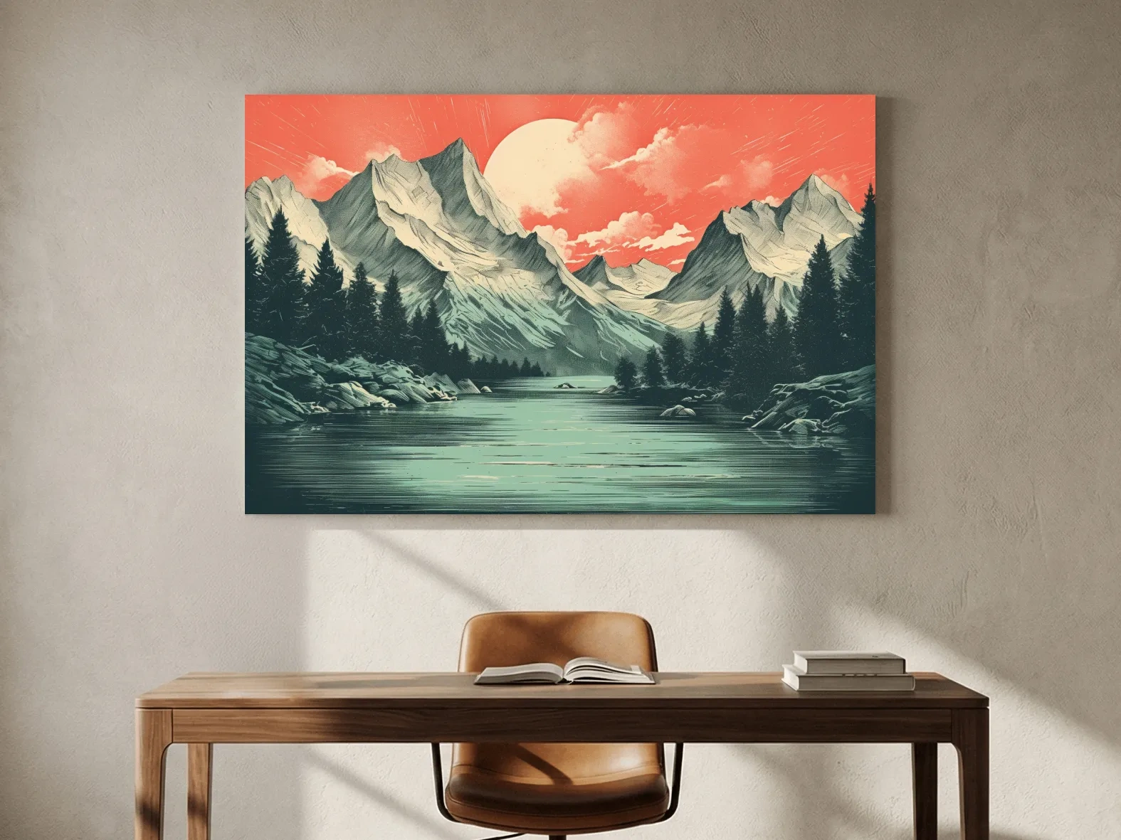 Retro Alpine Mountain Lake Sunset - Vintage Risograph Landscape Wall Art