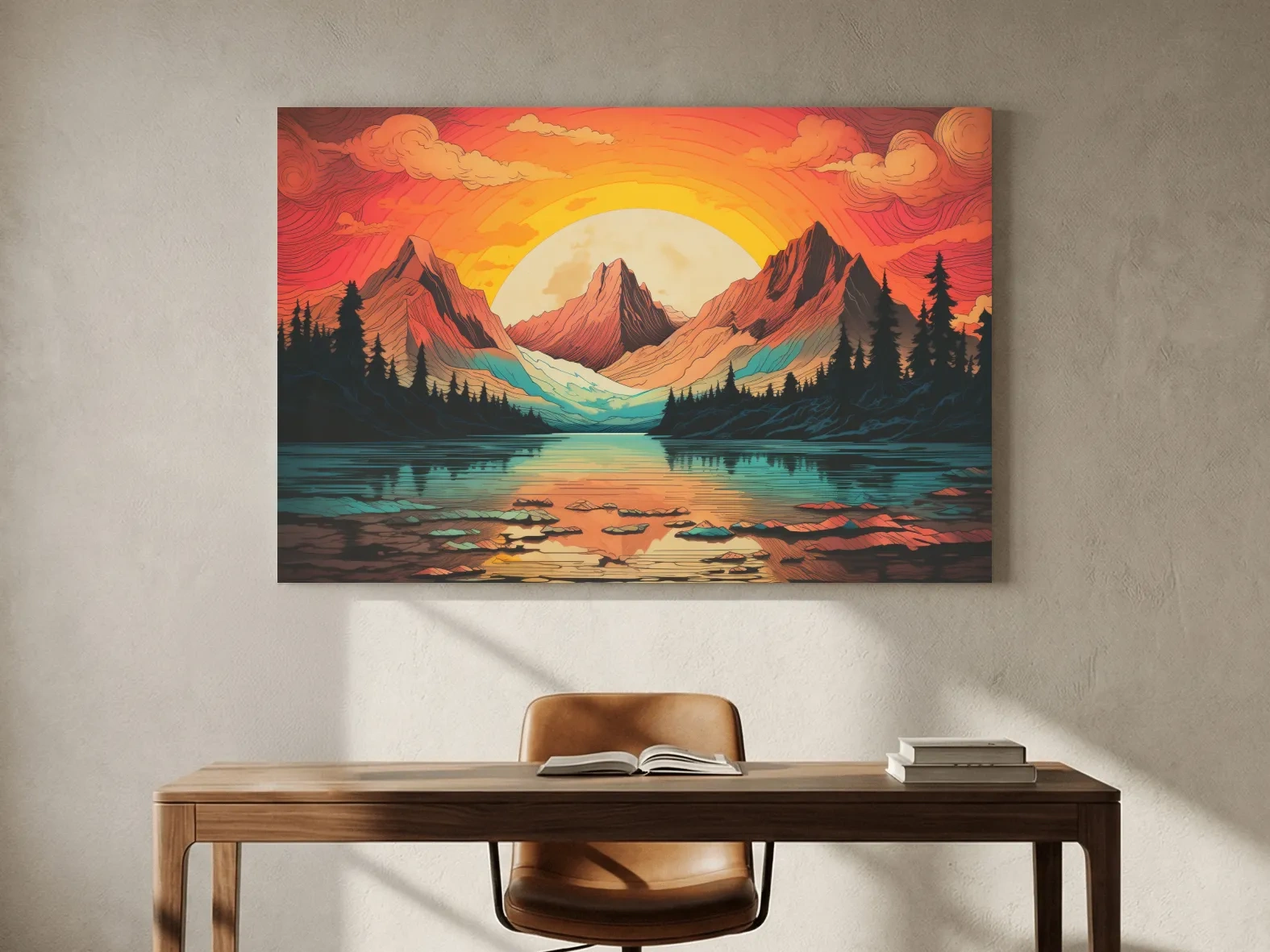 Vibrant Retro Alpine Lake Sunset - Stylized Mountain Wall Art