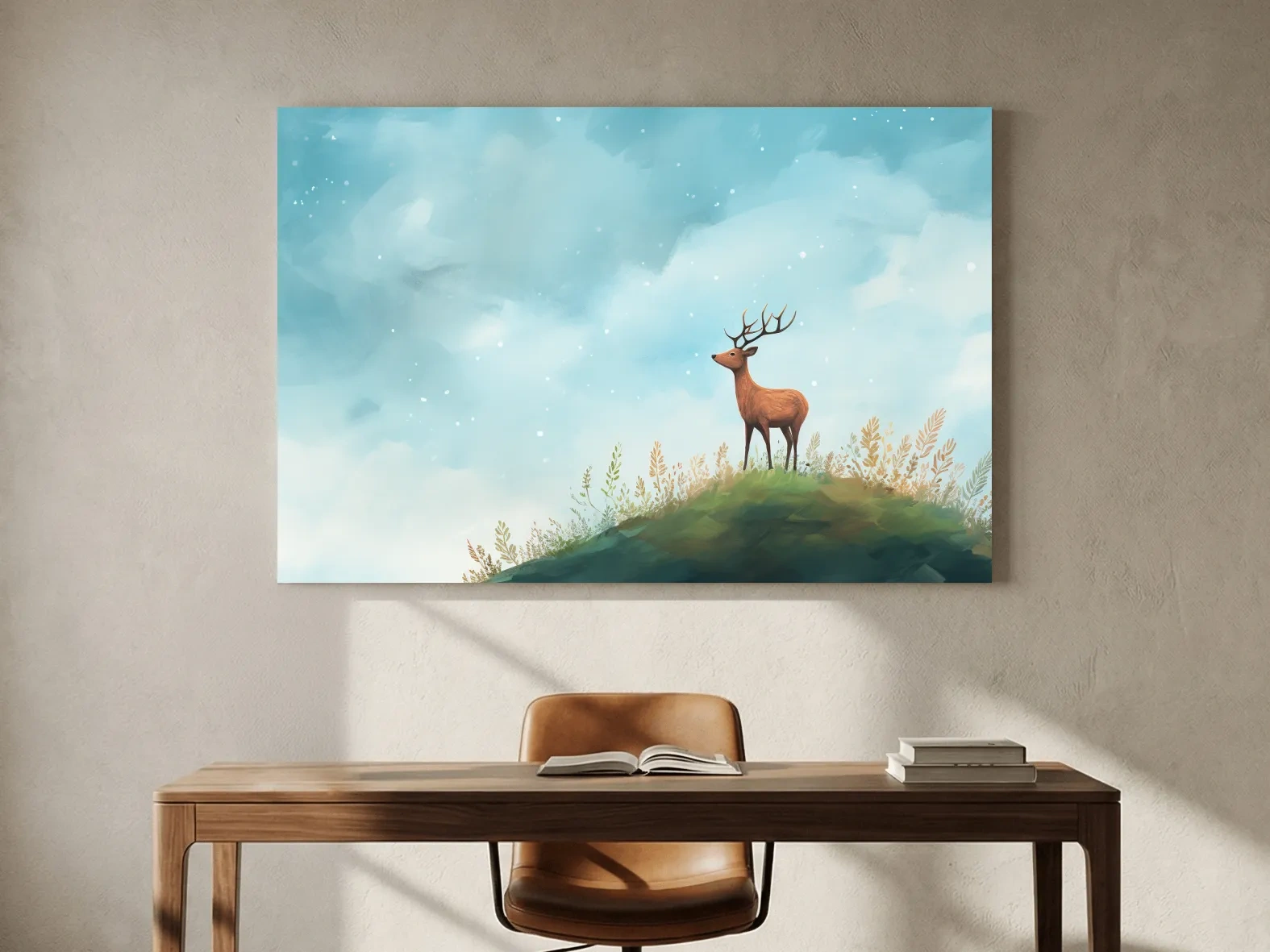 Whimsical Watercolor Stag On Meadow Hill - Nursery Woodland Wildlife Wall Art