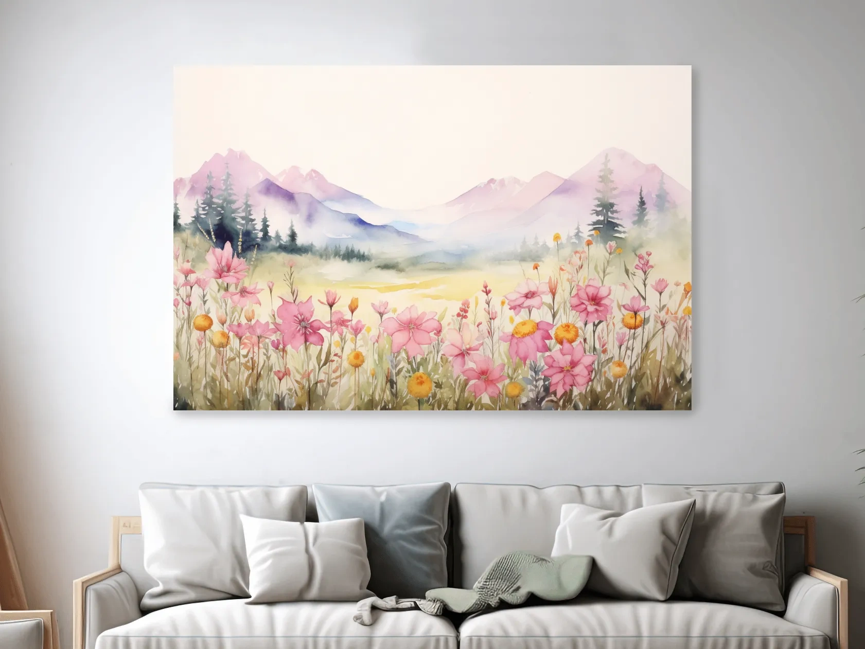 Pastel Wildflower Meadow Mountains Watercolor - Serene Alpine Wall Art