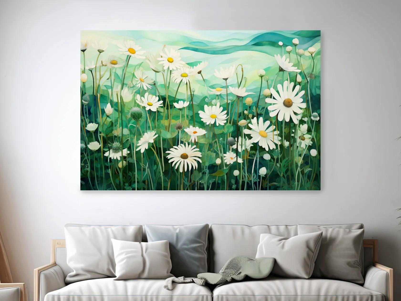 Whimsical Wild Daisy Meadow Landscape - Botanical Watercolor Style Wall Art