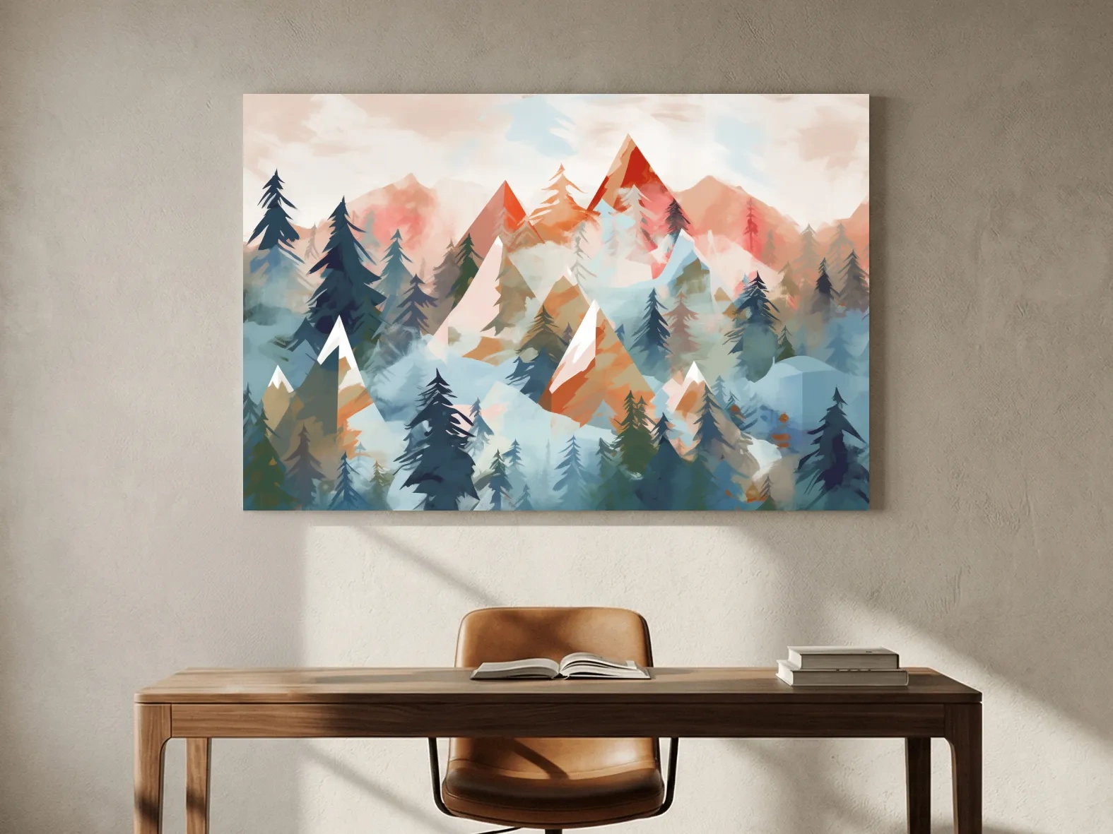 Abstract Watercolor Alpine Mountains And Pine Forest - Modern Geometric Landscape Wall Art