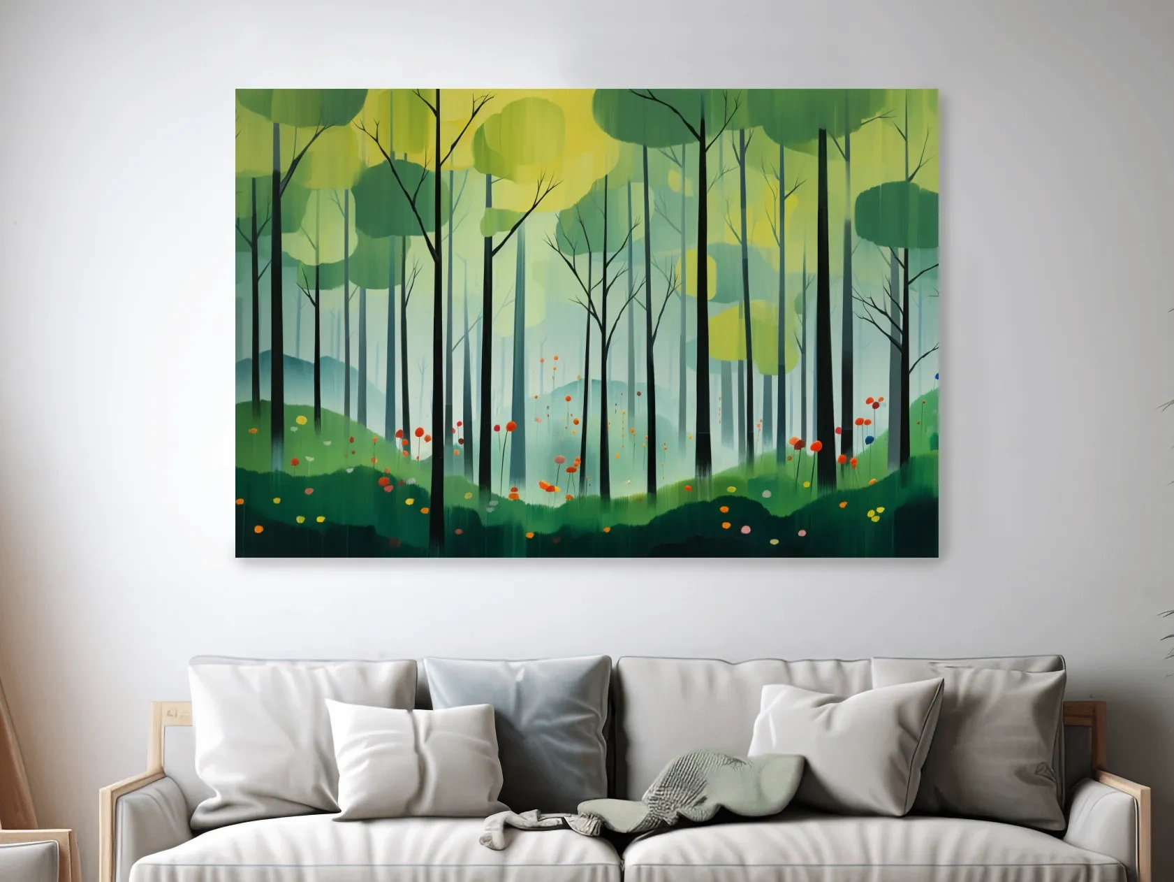 Whimsical Misty Forest Grove Illustration - Woodland Landscape Wall Art