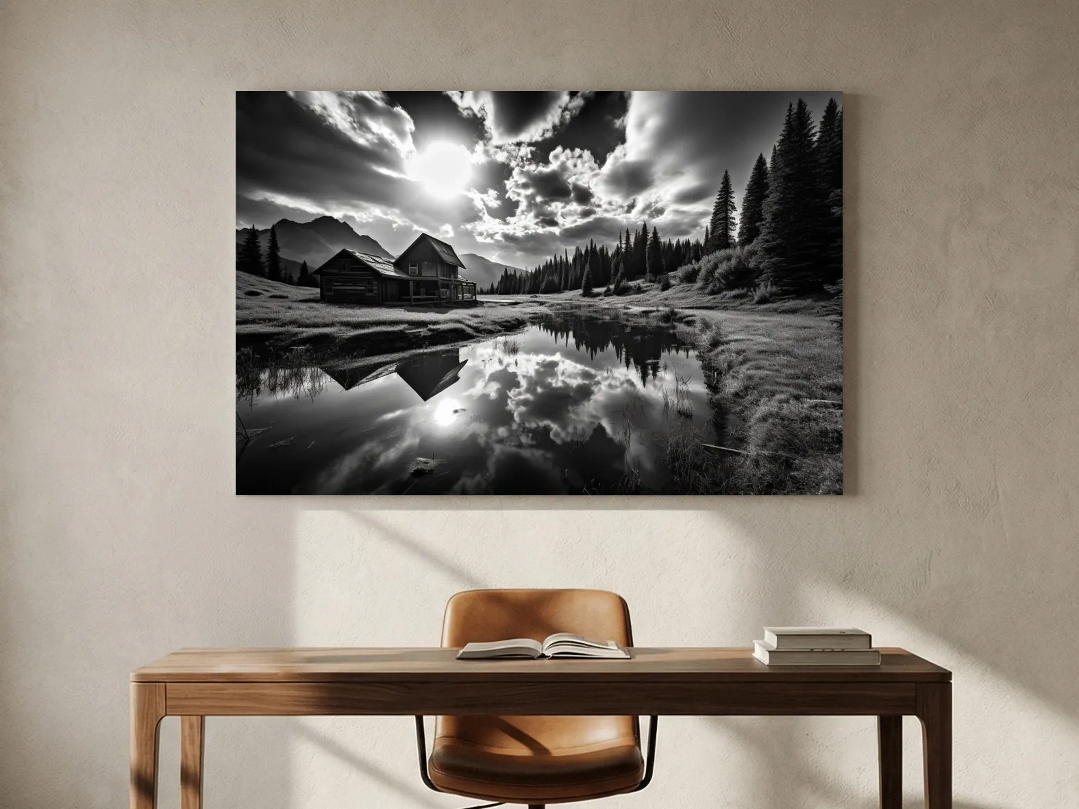 Moody Black And White Mountain Cabin Reflection - Dramatic Alpine Landscape Photography Wall Art