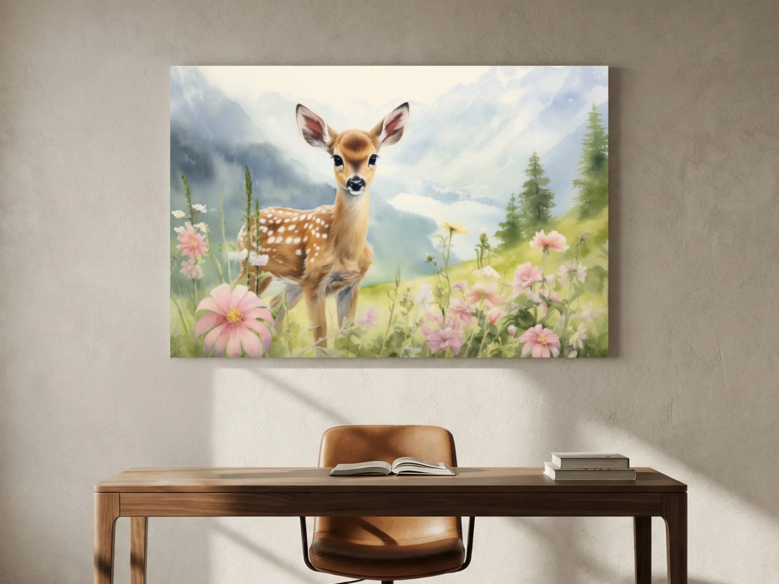 Watercolor Fawn In Wildflowers - Pastel Alpine Meadow Nursery Wall Art