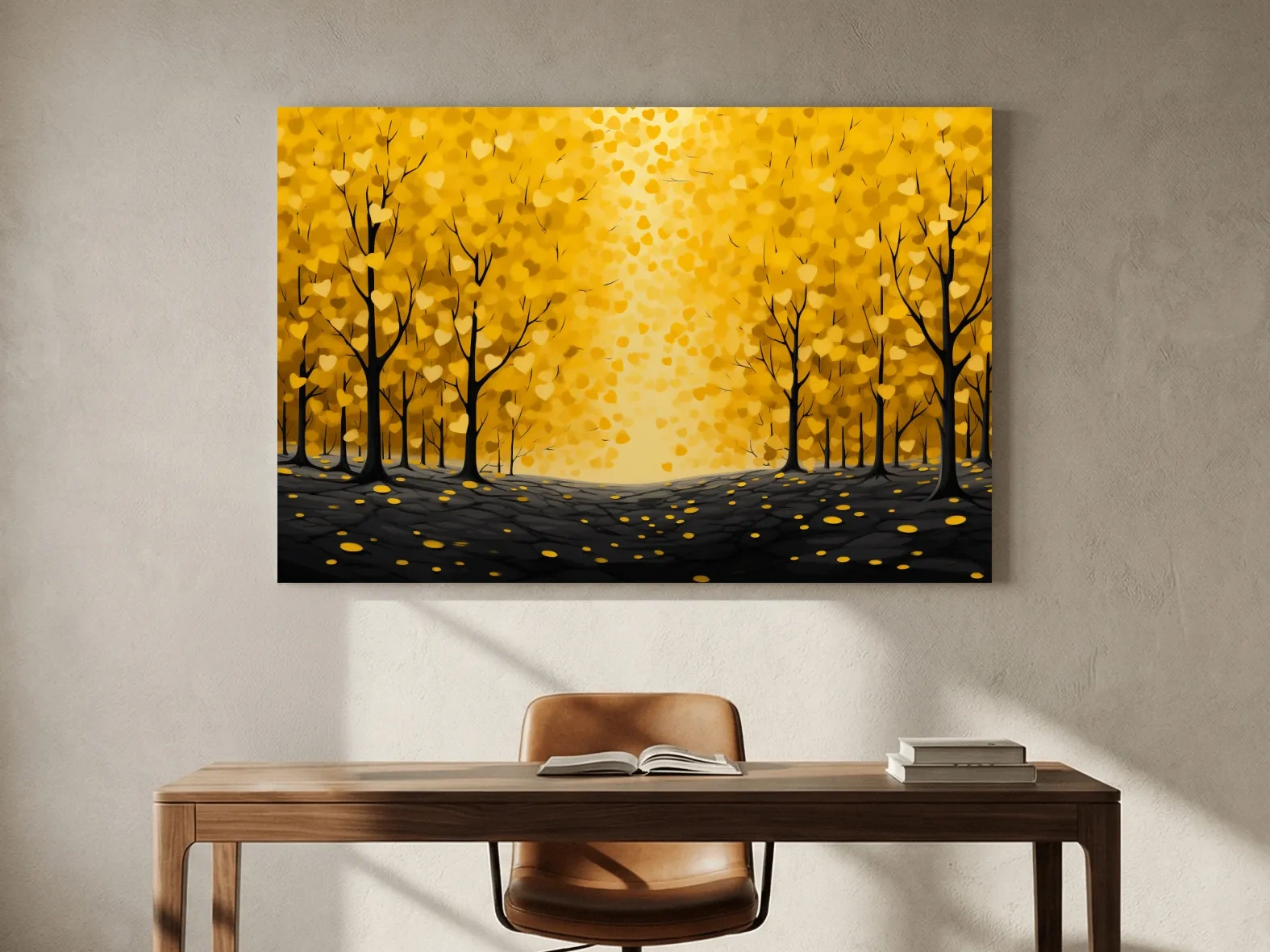 Golden Autumn Forest Canopy Painting - Warm Love Heart Wall Art