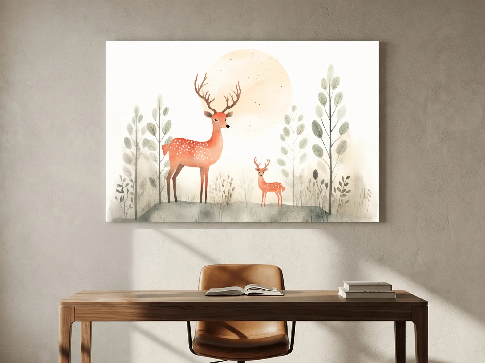 Whimsical Watercolor Deer Family Illustration - Scandinavian Nursery Forest Wall Art
