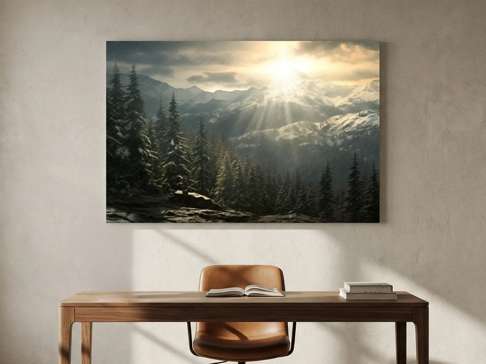 Mountain Snowstorm Sunrise Over Pine Forest - Dramatic Winter Landscape Artwork