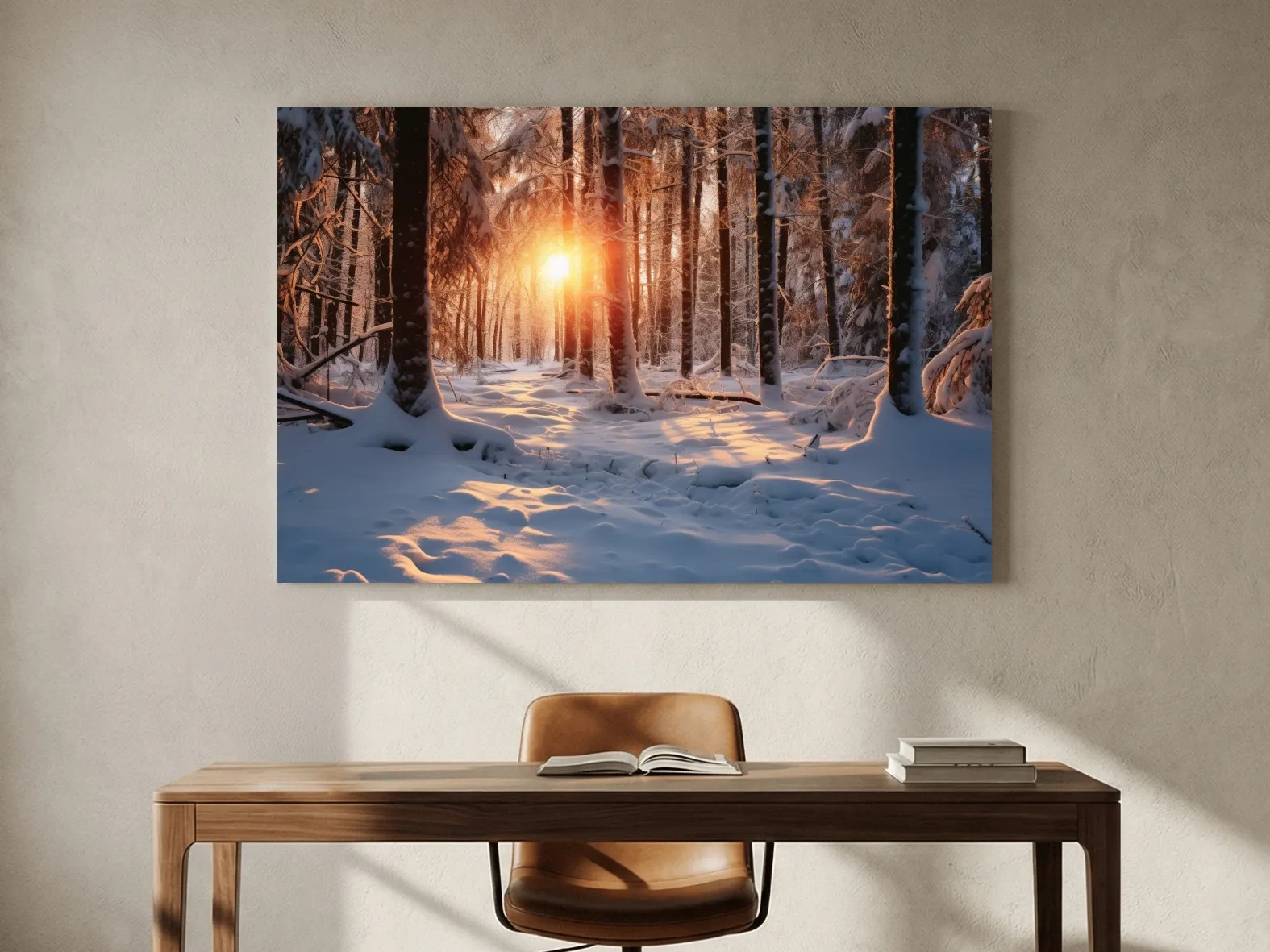 Golden Winter Sunrise Snowy Forest - Serene Nature Landscape Wall Art