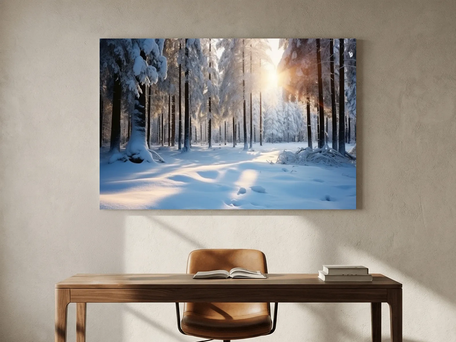 Sunlit Snowy Pine Forest Landscape - Serene Winter Nature Wall Art