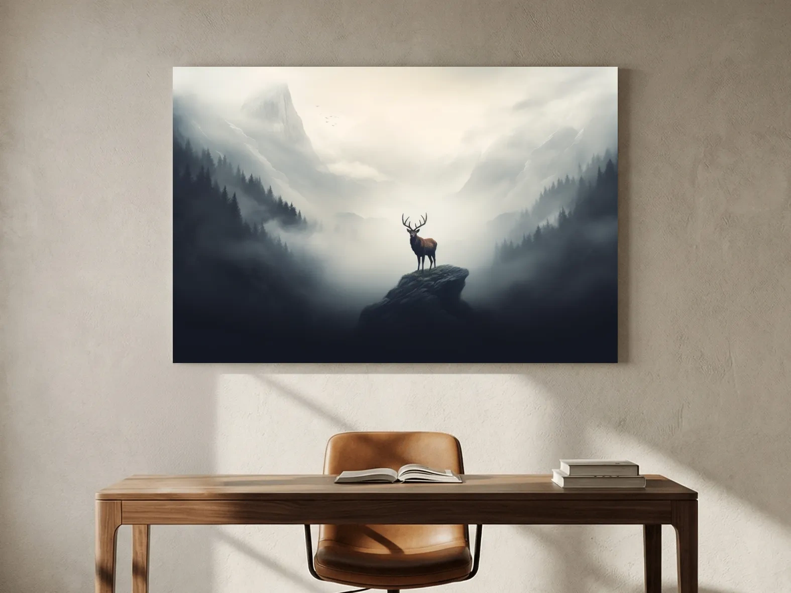 Majestic Stag On Rocky Peak - Misty Mountain Forest Wall Art