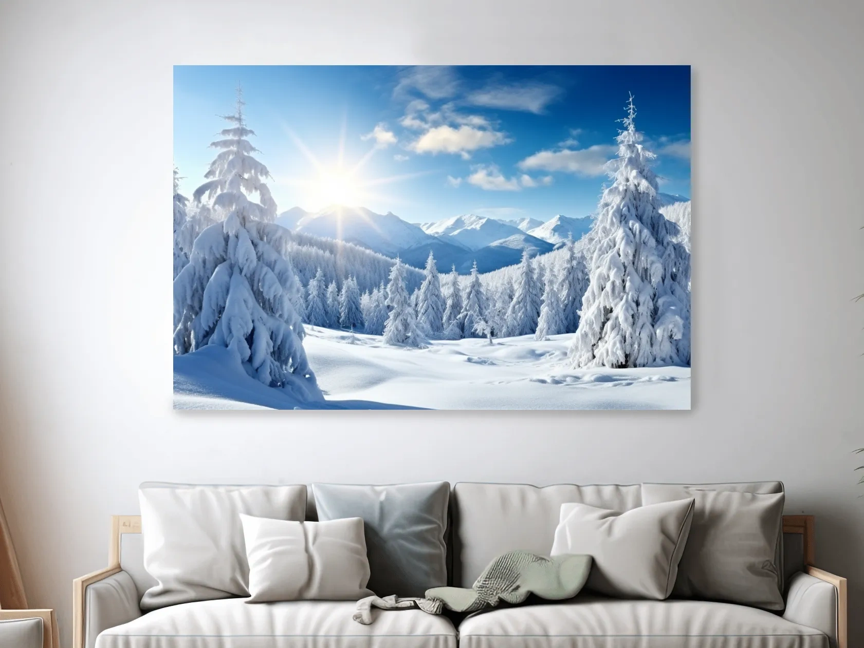 Photograph of a snow covered forest and a clear blue sunny sky