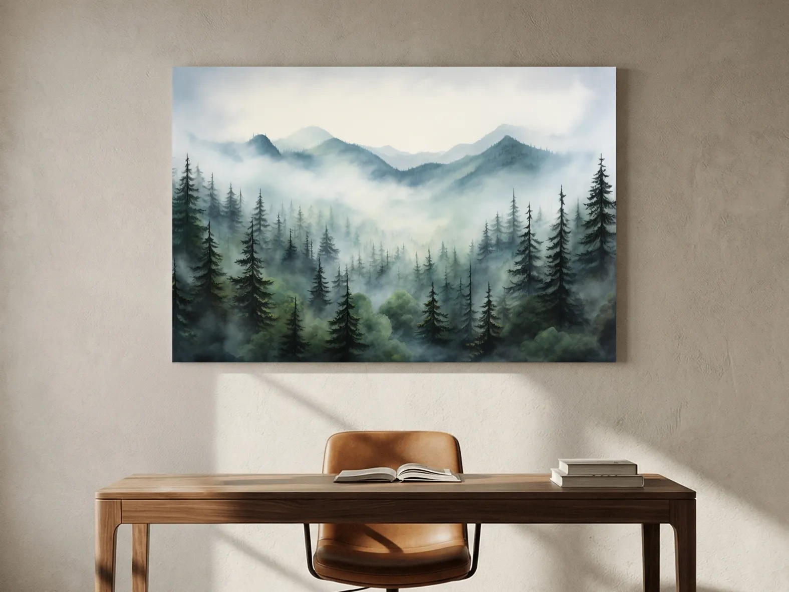 Misty Alpine Forest Painting - Foggy Mountain Landscape Art